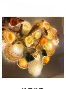 Close-up of lighted seashell art frame with starfish and warm backlit ocean decor