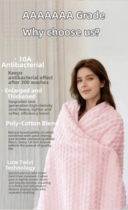 Detail of pink coral fleece bath towel showing fluffy antibacterial texture on a model