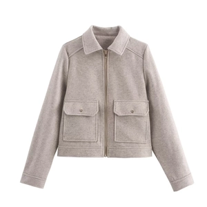 Oatmeal wool-blend cropped jacket featuring a zipper closure and large front pockets