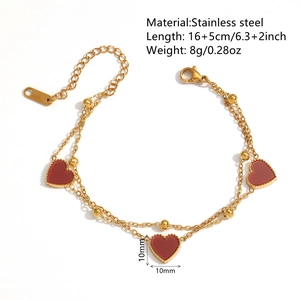 Double-layer gold stainless steel bracelet with three red heart charms and gold beads