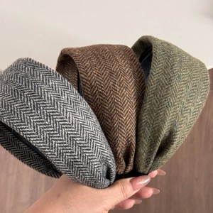 Three vintage herringbone knit wide headbands in grey, brown, and dark green colors