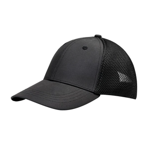 Black breathable mesh baseball cap with side fin embroidery and structured six-panel design