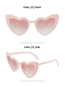 Vista frontale e laterale di occhiali da sole rosa a cuore con lenti sfumate alla moda