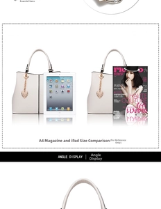 Off-white tote bags with golden heart pendants shown next to a tablet for size reference