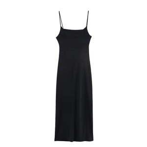 Detailed view of the pleated design on a black long spaghetti strap maxi dress