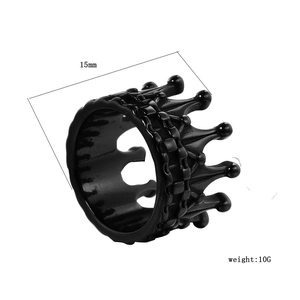 Detailed macro view of black crown shaped stainless steel ring with 15mm height and 10g weight