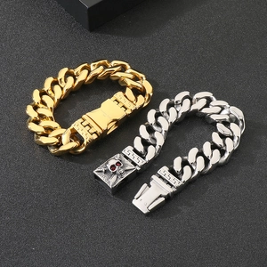 Gothic 20mm skull chain bracelet with red eyes in silver and gold stainless steel
