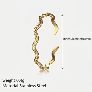 Minimalist 18K gold plated stainless steel wave open ring with 18mm inner diameter