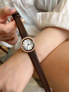Detail of rose gold ladies watch with crystal bezel and brown leather strap on wrist