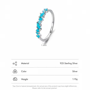S925 sterling silver wavy ring with inlaid turquoise blue stones and 1.4mm band width