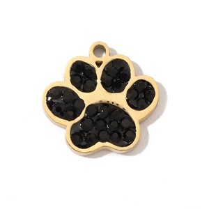 Detail of golden dog paw pendant with black crystals on a white background