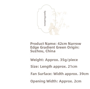 Specifications of green folding fan with size details and weight for Chinese dance