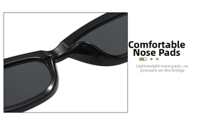 Detail der bequemen integrierten Nasenpads einer schwarzen Cat-Eye-Sonnenbrille für den Alltag