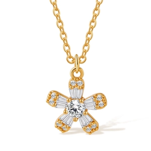 Close-up of 18K gold plated flower pendant necklace with shimmering white zircon stones