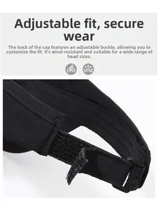 Dettaglio del cinturino regolabile in velcro sulla visiera parasole nera traspirante