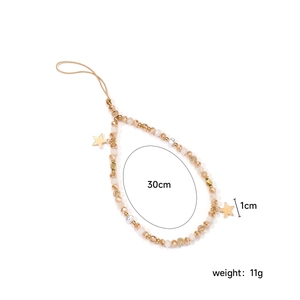 Detailed view of handmade beaded phone strap with gold stars, weighing 11g and 30cm long