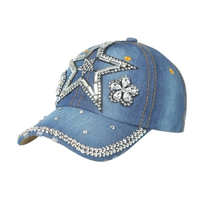 Blue denim baseball cap with rhinestone stars and y2k street style aesthetic design