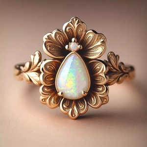 Vintage Copper Ring With Imitation Opal Pear Shaped Water Drop Iris Flower Floral Carved Bohemian Style For Women