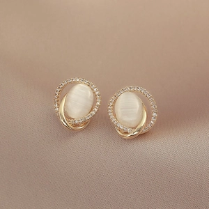 Cat Eye Stone Stud Earrings Alloy Rhinestone Elegant French Retro Jewelry With 925 Sterling Silver Earring Post