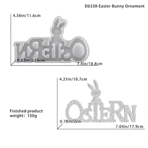 Silicone mold for Easter OSTERN rabbit sign with detailed size measurements and resin result