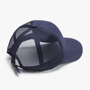 Navy blue breathable mesh baseball cap with curved brim and metal buckle strap back