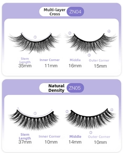 Detailed size specifications for natural cross and thick false eyelash styles ZN04 and ZN05