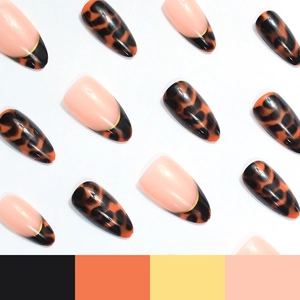Short almond leopard print press-on nails with golden French line and tortoiseshell pattern