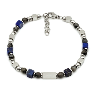 Handmade men's beaded bracelet with blue lapis lazuli and silver metal accents