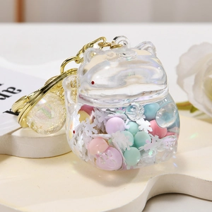 Cute liquid sand Maneki-neko lucky cat keychain with floating colorful glitter beads