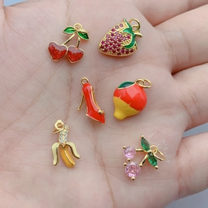 Zircon Enamel Fruit Charm Pendant Copper Gold Plated Cherry Strawberry Banana High Heel For DIY Jewelry Making Women