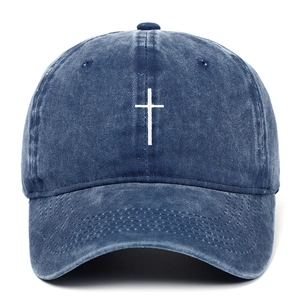 Vintage gewaschene blaue Denim Baseballkappe mit weißer Kreuzbestickung und Verstellriemen