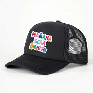 Detail view of black trucker hat with colorful MAÑANA SERÁ BONITO print and mesh back