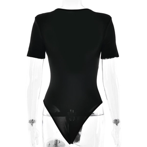Rear view of black short sleeve thong bodysuit featuring a high cut and elastic fabric