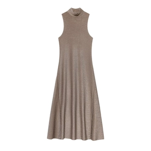 Abito Maxi Elegante Senza Maniche Con Collo Alto In Maglia Di Lurex Metallico Luccicante Per Donna Festa Sera