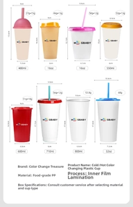 Size chart showing capacity and dimensions for color-changing plastic straw cups