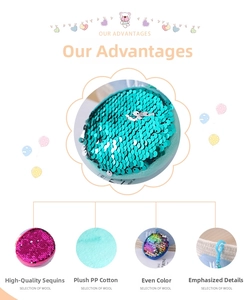 Detail view of round sequin purses with soft PP cotton filling and blue plastic hooks