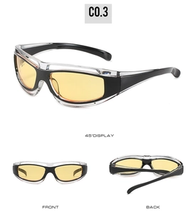 Three views of black and white cycling sunglasses with yellow lenses for outdoor sports