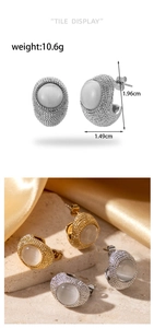 Detail view of C-shape titanium steel earrings with white cat eye stone and size specs