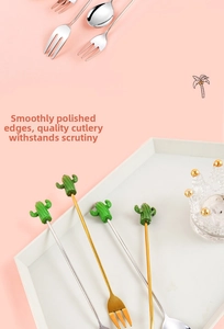 Close-up of 304 stainless steel dessert spoon and fork with green cactus handle