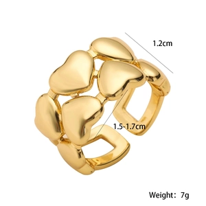 Gold plated heart shaped open ring with detailed measurements and polished metal finish