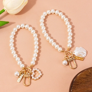 Faux Artificial Pearl Beaded Keychain Heart Shell Charm Gold Metal Alloy Hook Bag Phone Ornament Handmade Style