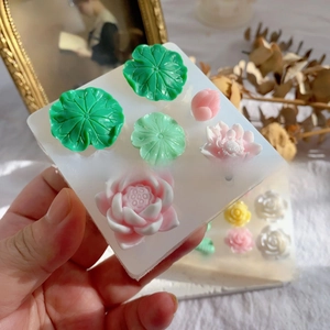 Detailed silicone molds for DIY resin lotus flowers and leaves with finished charms