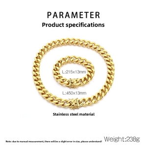 Close-up of 13mm gold stainless steel Cuban link chain necklace and bracelet set