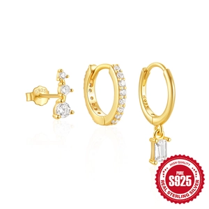 Elegant S925 sterling silver gold-plated earring set with cubic zirconia and huggie hoops