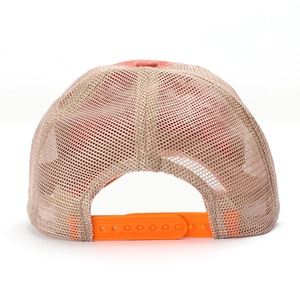 Rear view of khaki mesh trucker hat with pink-orange cotton top and bright orange snapback