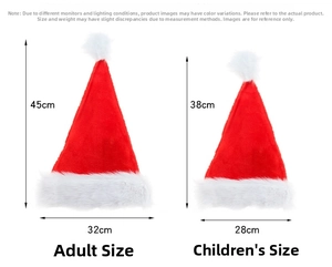 Size chart showing height and width for adult and kids plush red Santa hats