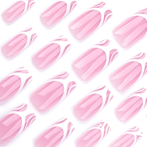 French style square pink press-on nails with white abstract wave pattern set