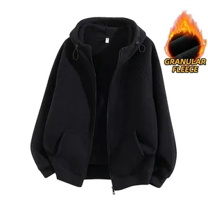 Black polar fleece outdoor zip-up hoodie with drawstring hood and ribbed cuffs