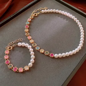Retro French Style Spliced Artificial Pearl Necklace And Bracelet Colorful Rhinestone Inlaid Copper Jewelry For Women