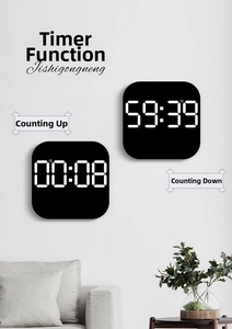 Minimalist digital LED timer with countdown function mounted on white wall background